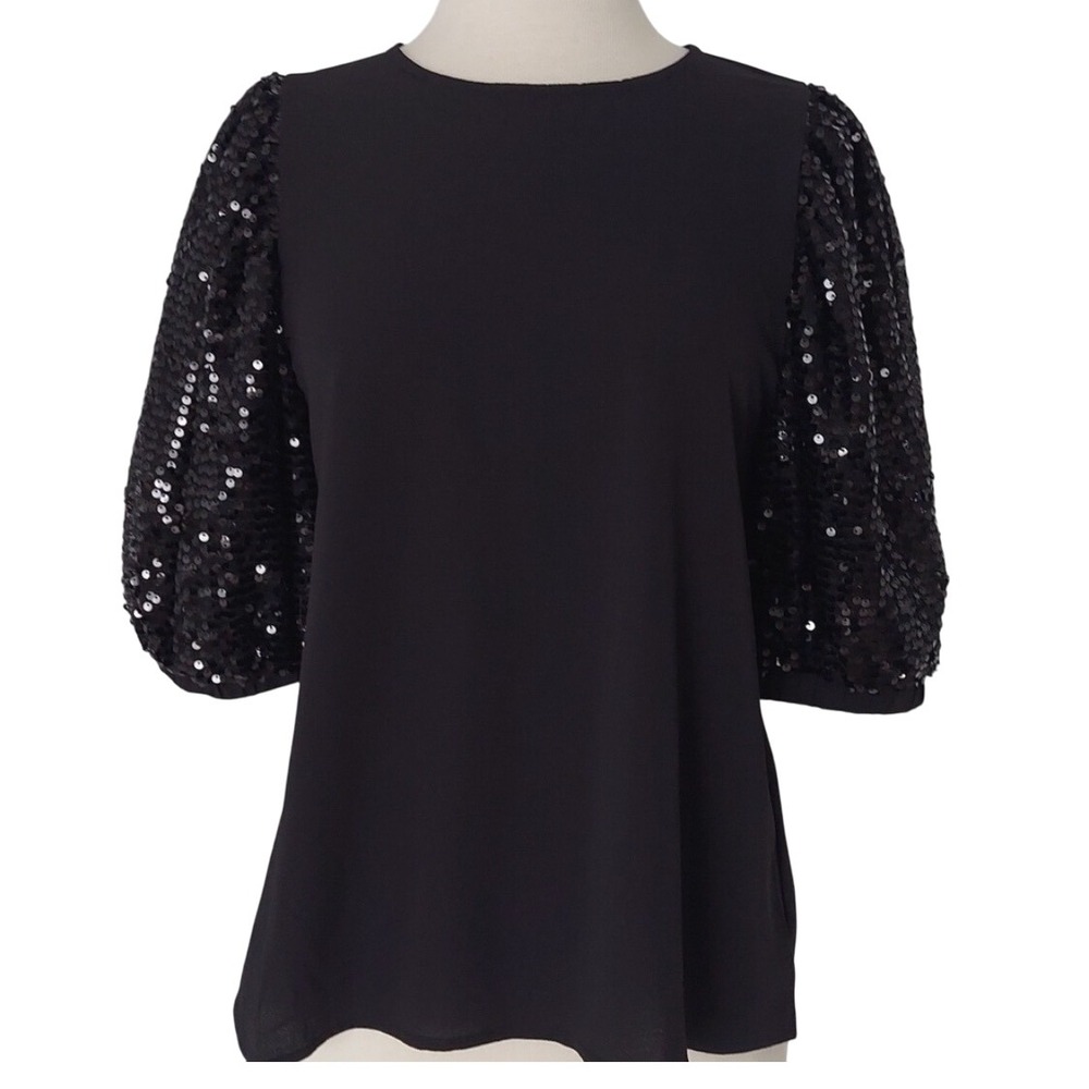 Vine‎ & Love Women's Small Black Top Blouse Sequin Bishop Sleeve Party Cocktail
